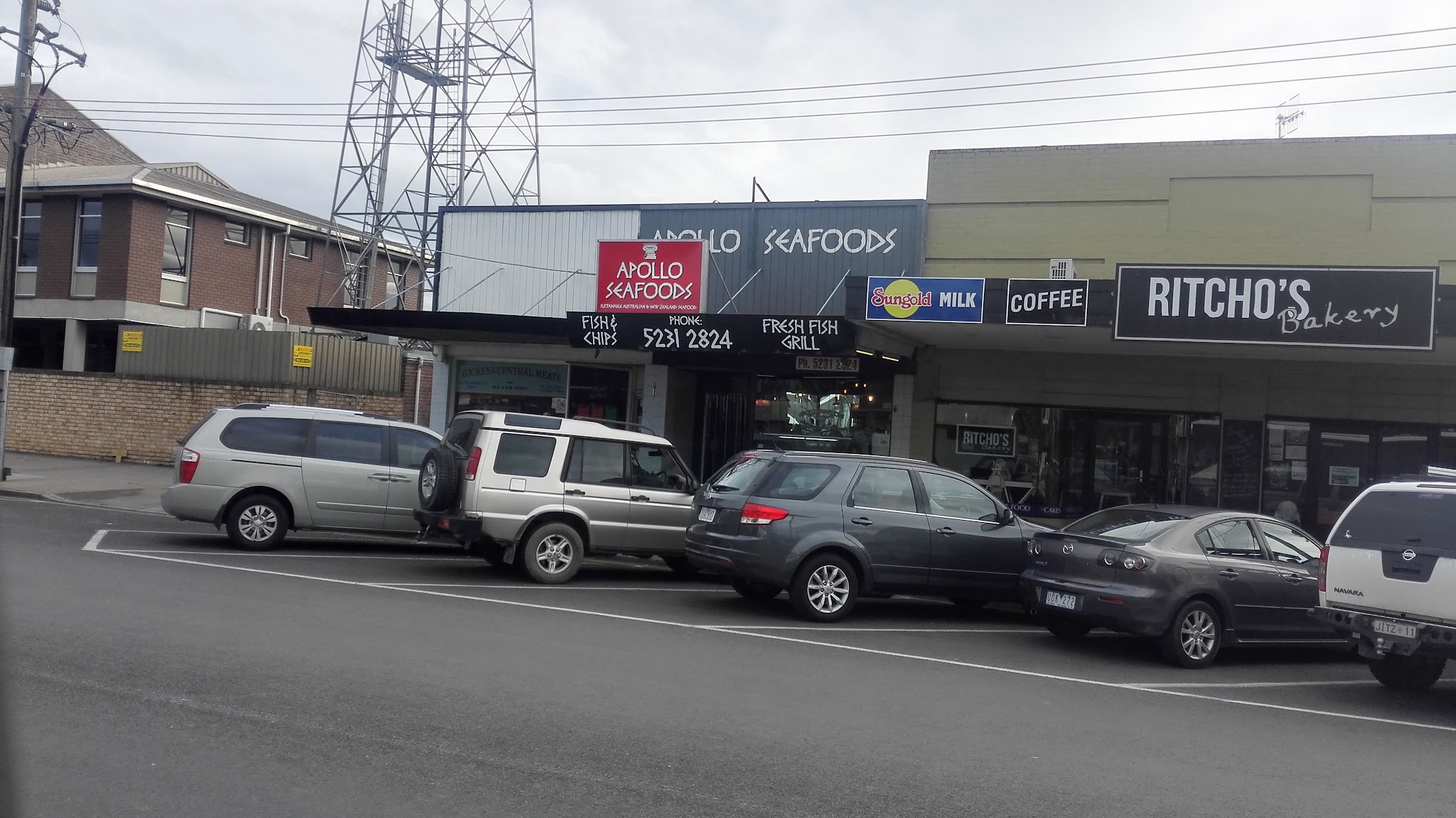 The Apollo Seafoods shopfront on Gellibrand Street in daylight