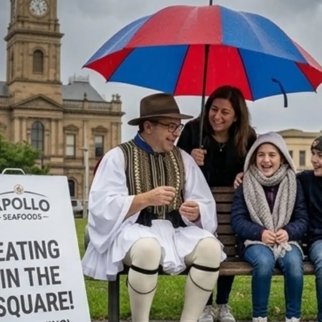 Traditional Greek dress and an Apollo Seafoods sign at a community event in the square, Colac